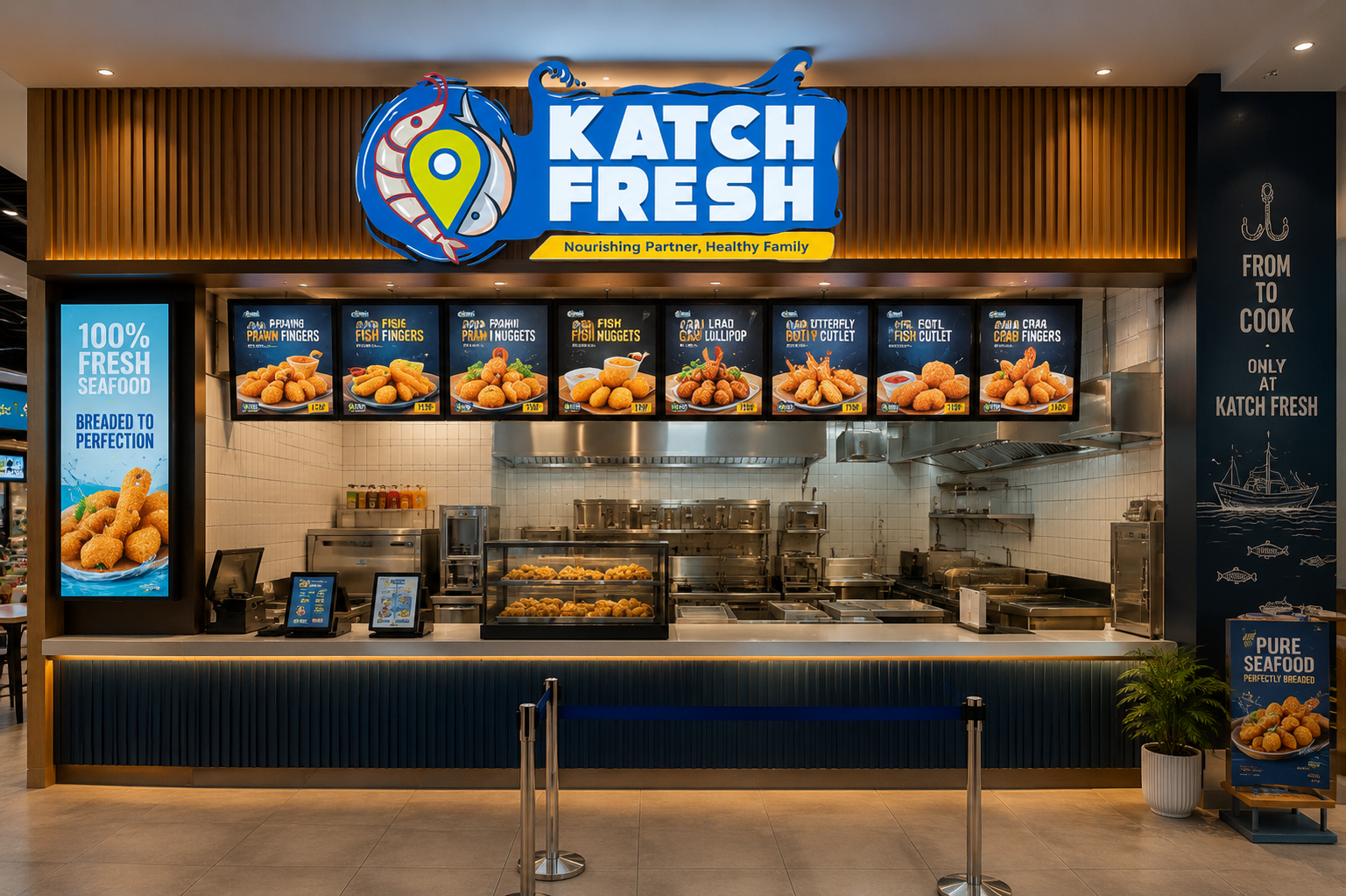 Katch Fresh counter with ready-to-fry menu boards and open kitchen