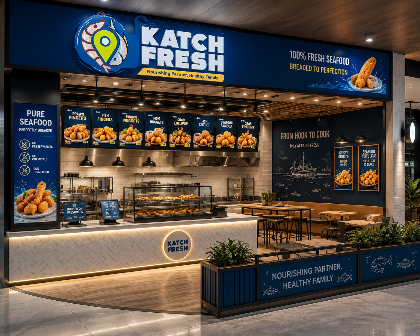 Katch Fresh mall outlet with seating and product display